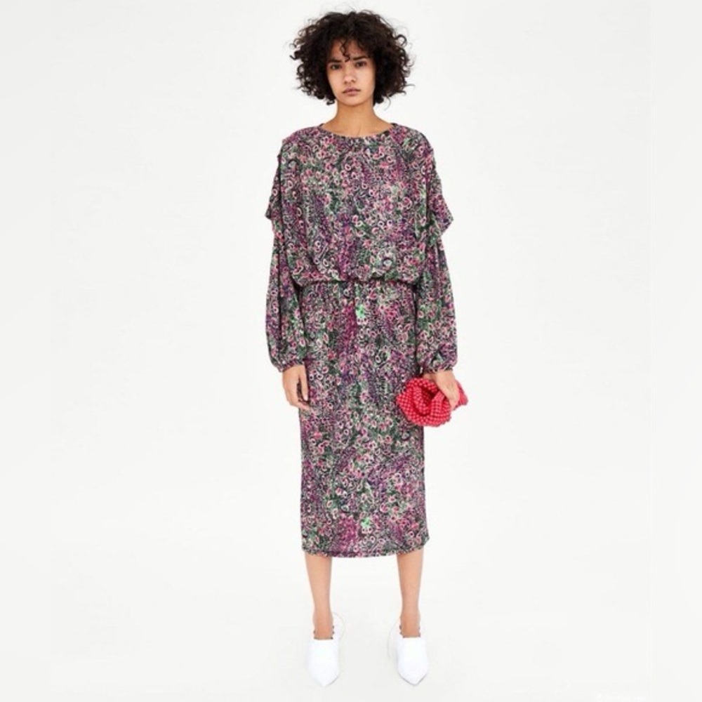 Zara Trafaluc Peacock Print Puff Sleeve Column Dress Avant Garde Whimsical Chic